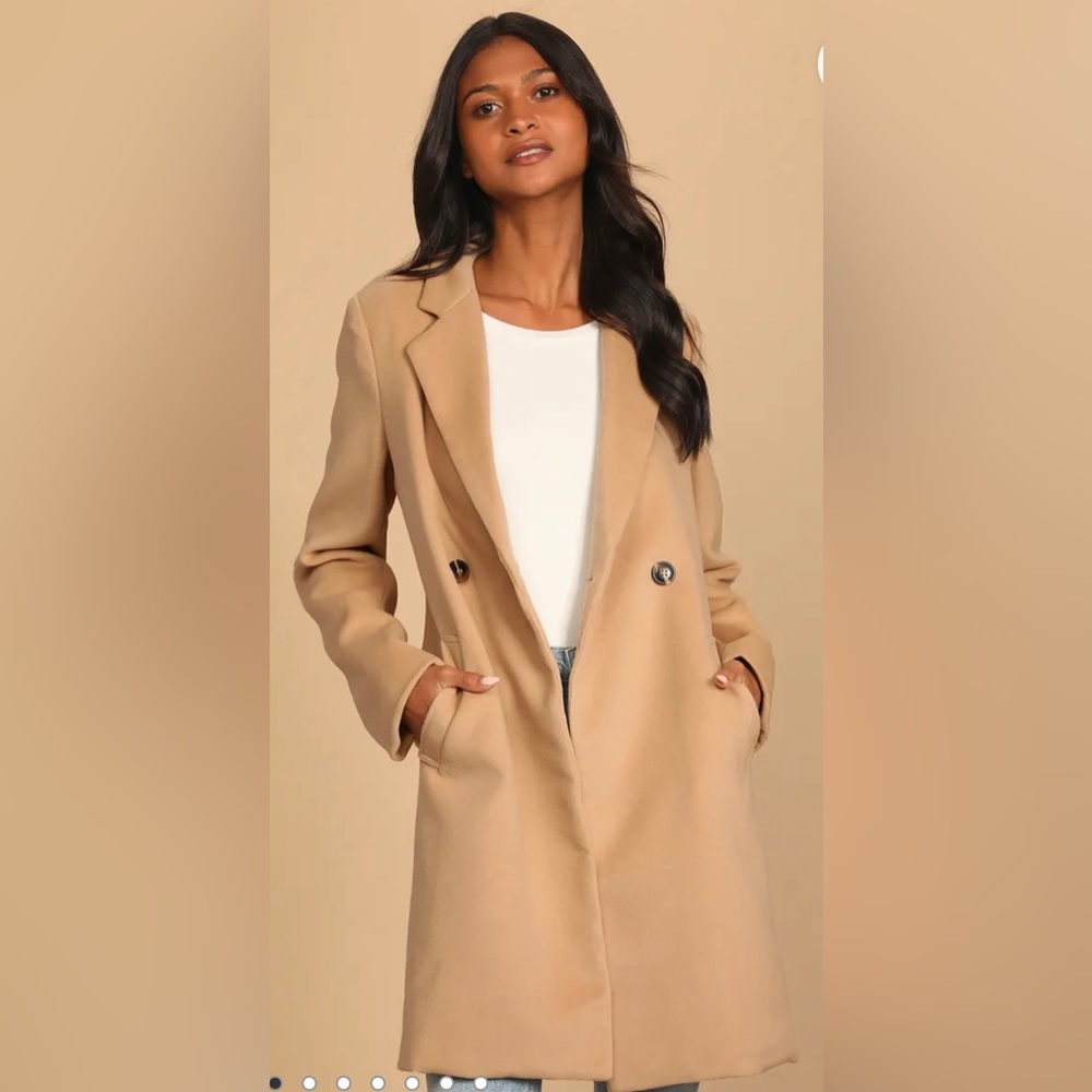 Lulus Long Double Breasted Long Coat - Tan Large